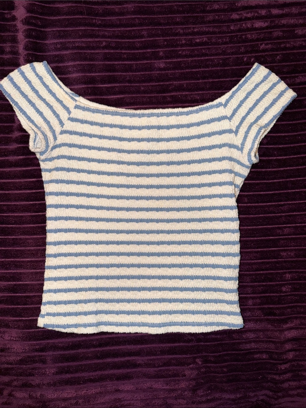 Striped Off-Shoulder Crop Top in Blue and White